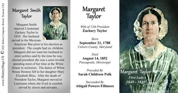 Margaret Taylor, US First Lady biographical history mug tri-panel.