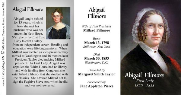 Abigail Fillmore, US First Lady biographical history mug tri-panel.