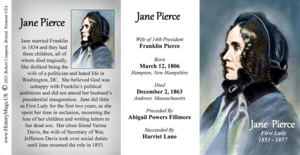 Jane Pierce, US First Lady biographical history mug tri-panel.