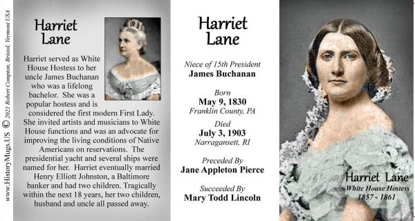 Harriet Lane, US White House Hostess biographical history mug tri-panel.