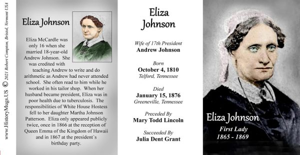 Eliza Johnson, US First Lady biographical history mug tri-panel.