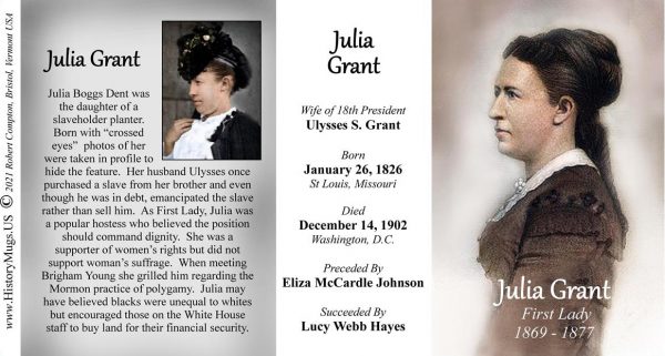 Julia Grant, US First Lady biographical history mug tri-panel.