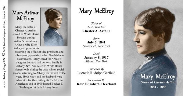 Mary Arthur McElroy, White House Hostess biographical history mug tri-panel.