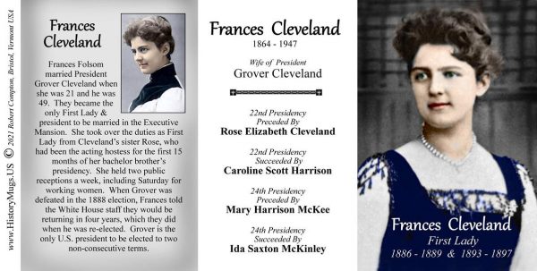 Frances Cleveland, US First Lady biographical history mug tri-panel.
