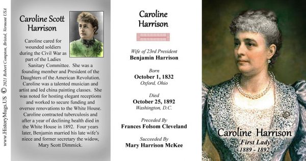 Caroline Harrison, US First Lady biographical history mug tri-panel.