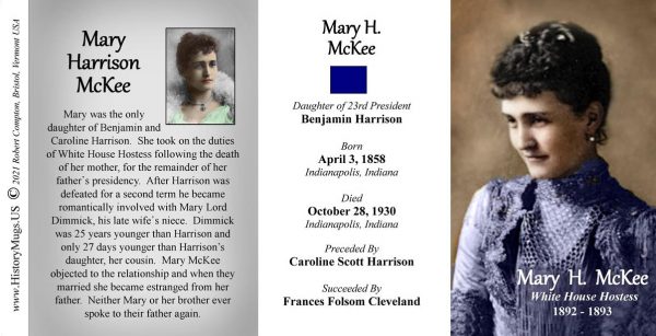 Mary Harrison McKee, White House Hostess biographical history mug tri-panel.