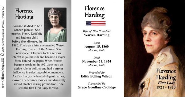 Florence Harding, US First Lady biographical history mug tri-panel.