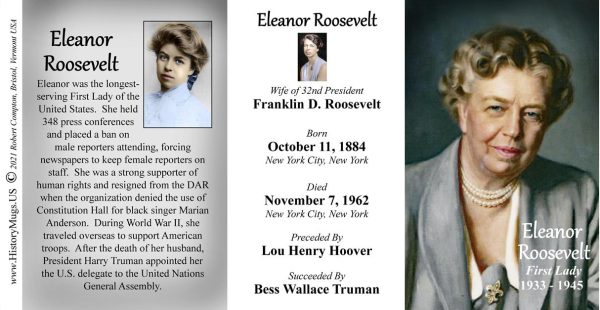 Eleanor Roosevelt, US First Lady biographical history mug tri-panel.