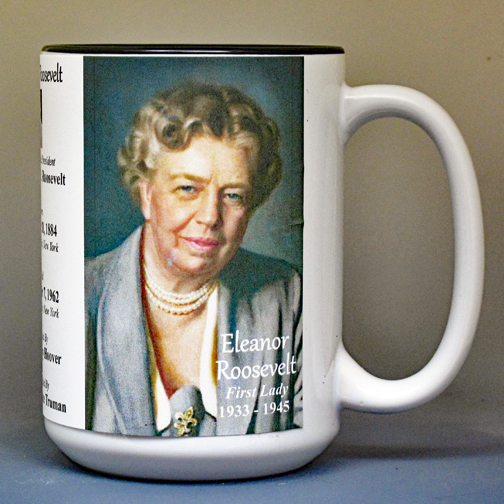 Eleanor Roosevelt, US First Lady biographical history mug.