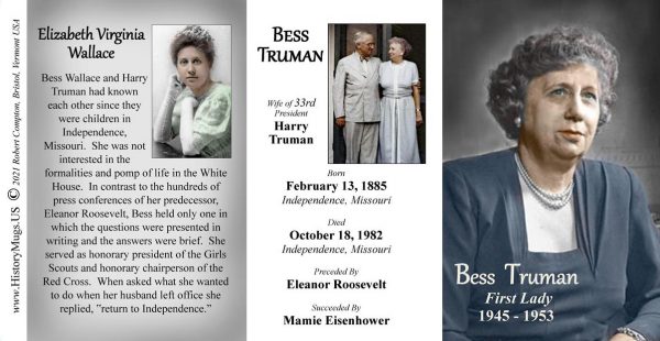 Bess Truman, US First Lady biographical history mug tri-panel.