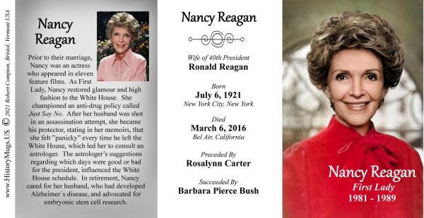 Nancy Reagan, US First Lady biographical history mug tri-panel.