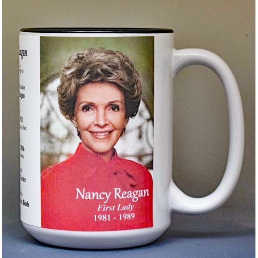 Nancy Reagan, US First Lady biographical history mug.