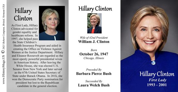 Hillary Clinton, US First Lady biographical history mug tri-panel.
