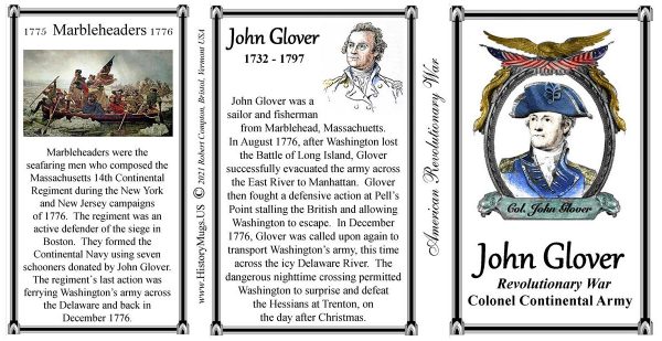 John Glover, American Revolutionary War biographical history mug tri-panel.