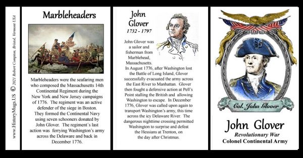 John Glover, American Revolutionary War biographical history mug tri-panel.