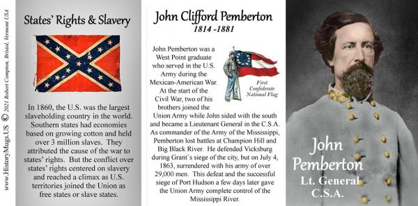John Pemberton, Confederate Army, US Civil War biographical history mug tri-panel.