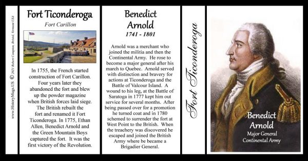 Benedict Arnold, Fort Ticonderoga biographical history mug tri-panel.