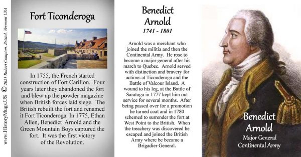 Benedict Arnold, Fort Ticonderoga biographical history mug tri-panel.
