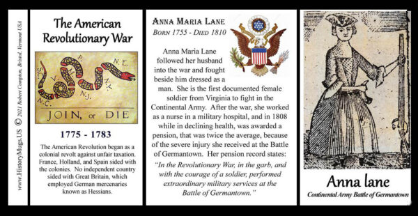 Anna Maria Lane, American Revolutionary War biographical history mug tri-panel.