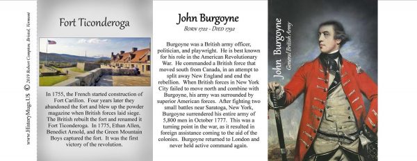General John Burgoyne, Fort Ticonderoga history mug, tri-panel.