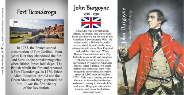 John Burgoyne, Fort Ticonderoga biographical history mug tri-panel.