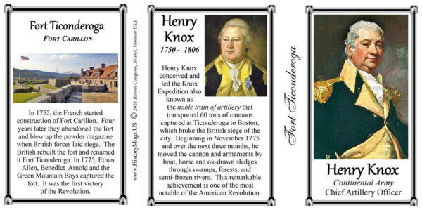 Henry Knox, Fort Ticonderoga biographical history mug tri-panel.