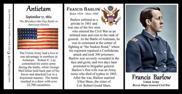 Francis Barlow, Battle of Antietam, Union Army, US Civil War biographical history mug tri-panel.