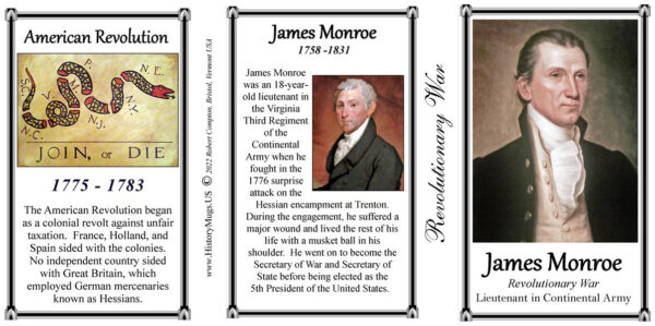 James Monroe, Revolutionary War biographical history mug tri-panel.