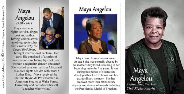 Maya Angelou, author biographical history mug tri-panel.