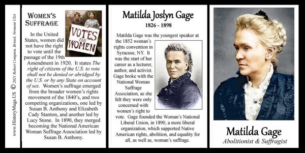 Matilda Joslyn Gage, women’s suffrage, biographical history mug tri-panel.