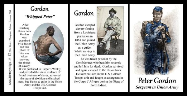 “Whipped Peter” Gordon, Union Army, US Civil War biographical history mug tri-panel.