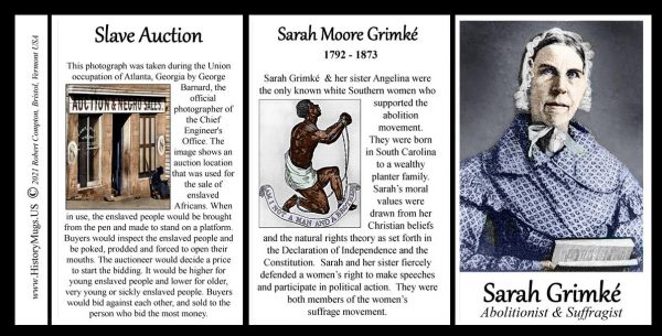 Sarah Grimké. abolitionist and women’s suffrage biographical history mug tri-panel.