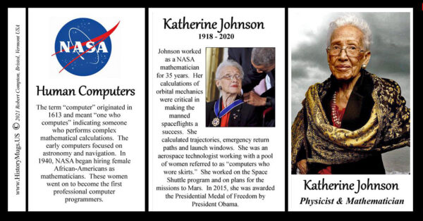 Katherine Johnson, NASA mathematician and physicist, biographical history mug tri-panel.