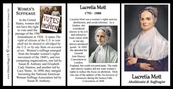 Lucretia Mott, suffragist biographical history mug tri-panel.