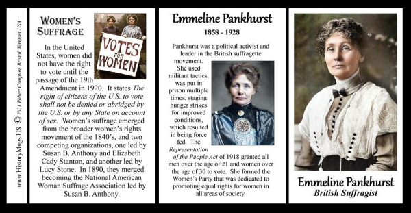 Emmeline Pankhurst, suffragist biographical history mug tri-panel.