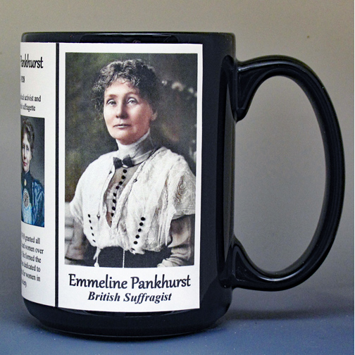 Emmeline Pankhurst, suffragist biographical history mug.