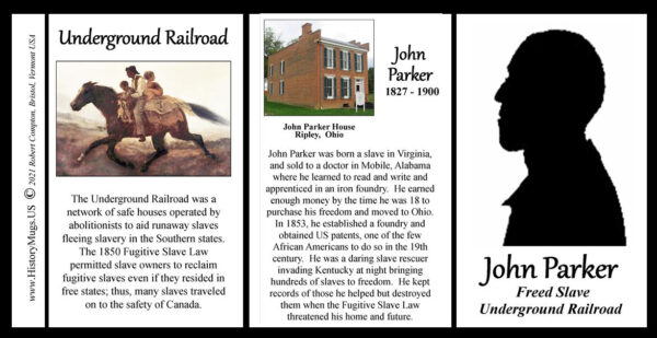 John Parker, freedom seeker, Underground Railroad, and inventor, biographical history mug tri-panel.