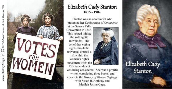 Elizabeth Cady Stanton, women’s suffrage biographical history mug tri-panel.