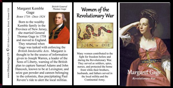 Margaret Kemble Gage, American Revolutionary War biographical history mug tri-panel.