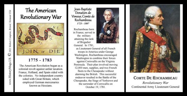 Comte de Rochambeau, American Revolutionary War biographical history mug tri-panel.