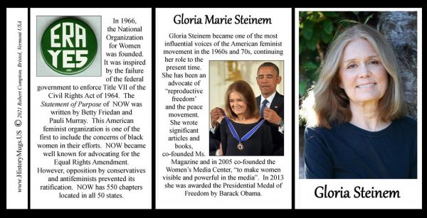 Gloria Steinem, women’s rights biographical history mug tri-panel.