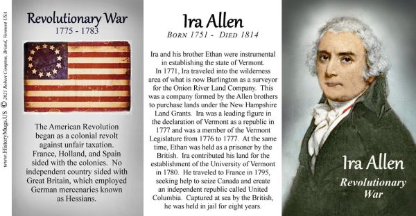 Ira Allen, Revolutionary War biographical history mug tri-panel.