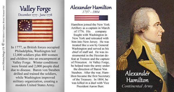 Alexander Hamilton, Valley Forge biographical history mug tri-panel.