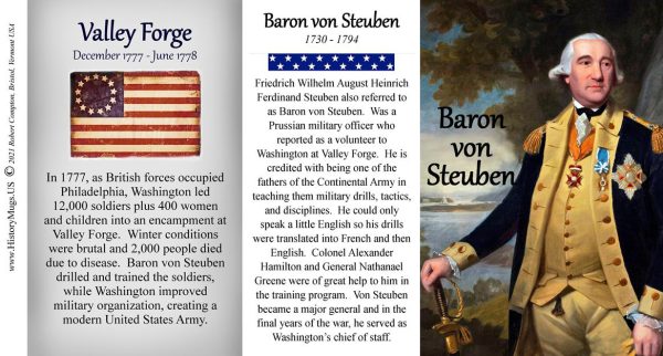 Baron von Steuben, Valley Forge biographical history mug tri-panel.