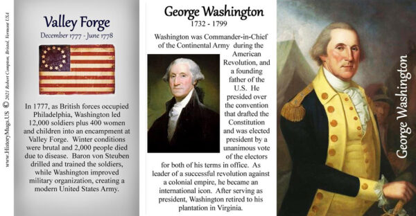 George Washington, Valley Forge biographical history mug tri-panel.