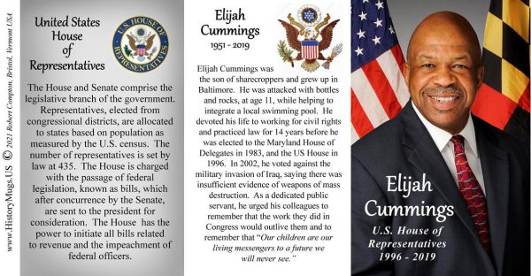 Elijah Cummings, US House of Representatives biographical history mug tri-panel.
