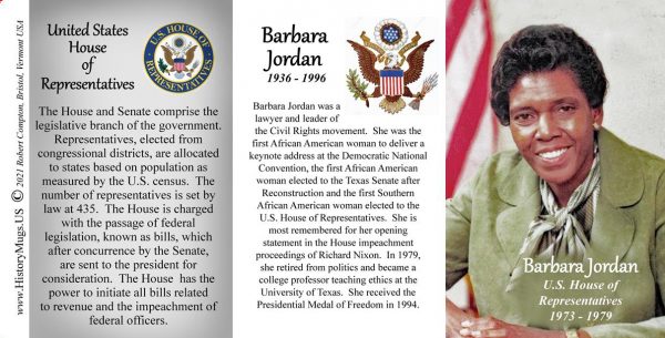 Barbara Jordan, US House of Representatives biographical history mug tri-panel.