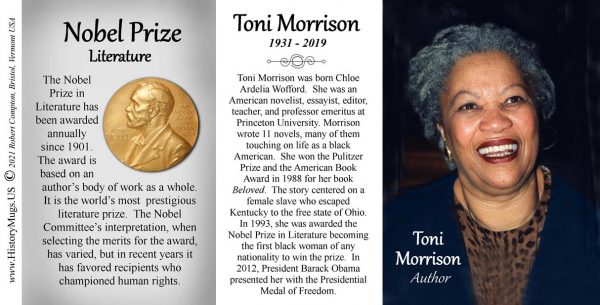 Toni Morrison, author biographical history mug tri-panel.