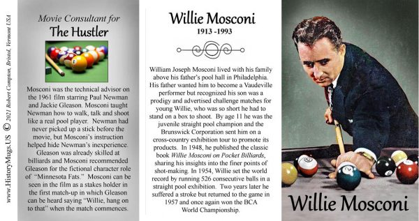 Willie Mosconi, billiards biographical history mug tri-panel.