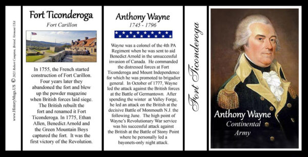 Anthony Wayne, Fort Ticonderoga biographical history mug tri-panel.